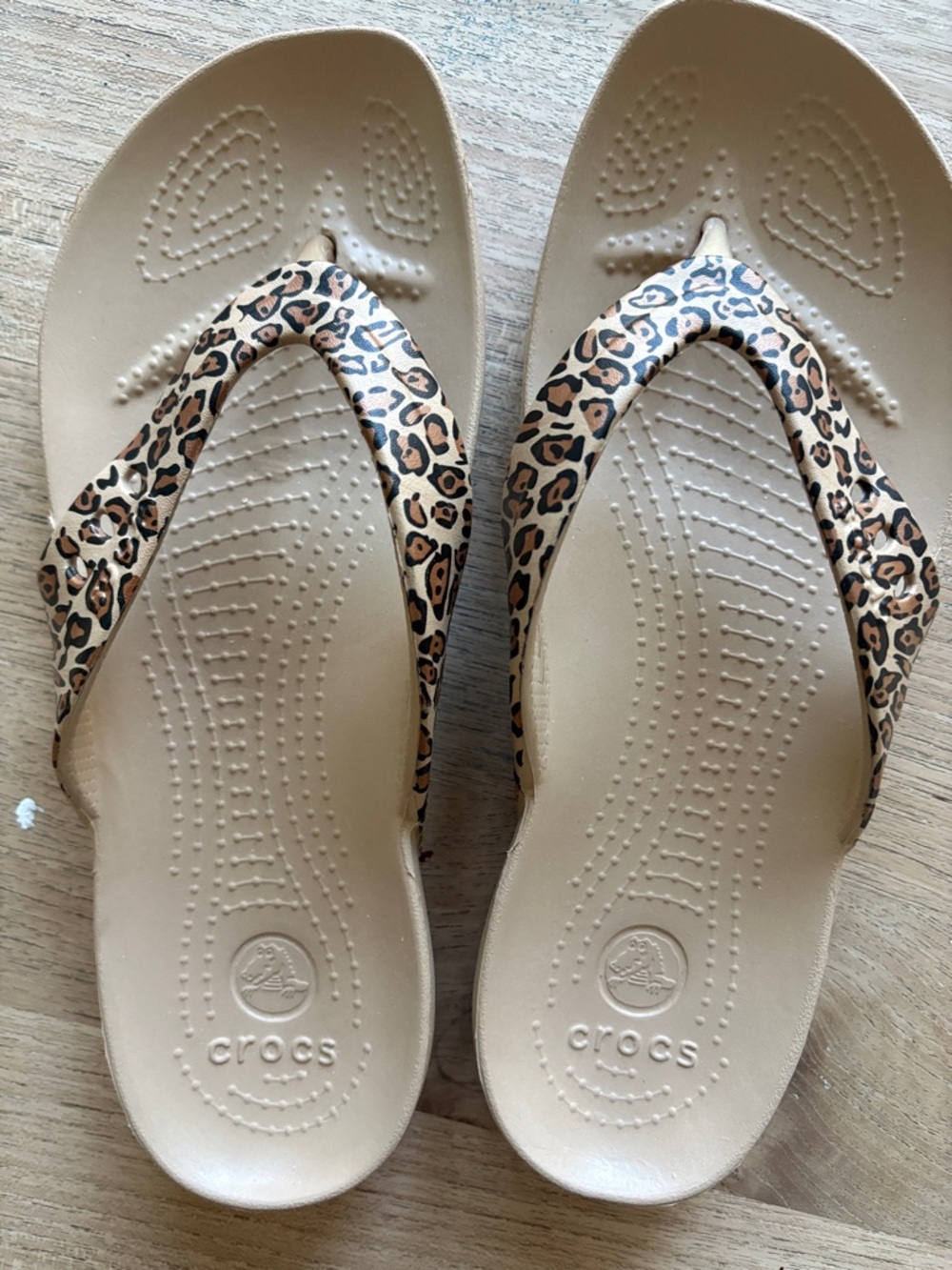 CROCS Women’s Tan Flip Flop Sandals with Leopard-Print Straps